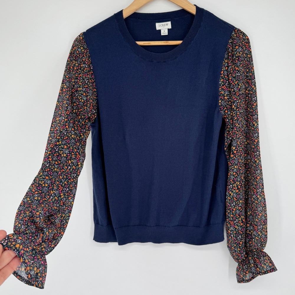 J.Crew Floral Chiffon Ruffle Sleeve Sweater S Navy Cotton Cottagecore Preppy